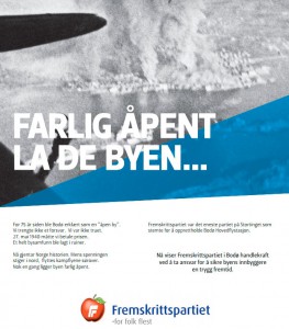 Bodø FrPs helsidesannonse i AN 27. mai 2015.